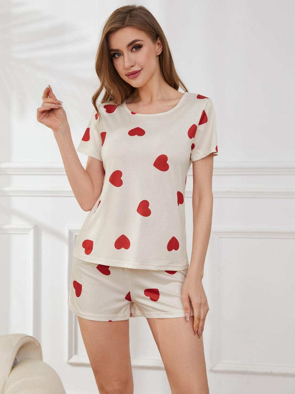 Heart Round Neck Top and Shorts Lounge Set - Trendsi - Flyclothing LLC
