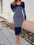 Striped V-Neck Long Sleeve Sweater Dress - Trendsi - Flyclothing LLC