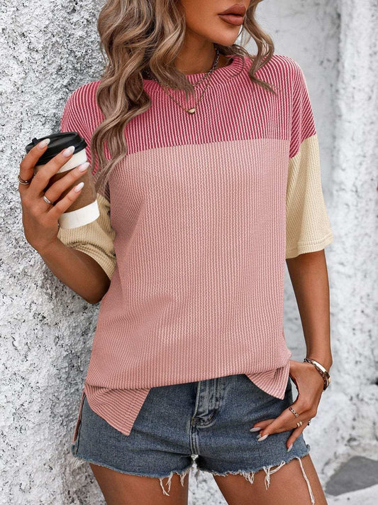 Color Block Round Neck Half Sleeve T-Shirt - Trendsi - Flyclothing LLC