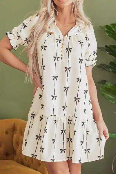 Frill Bow Print Notched Short Sleeve Mini Dress - Trendsi - Flyclothing LLC