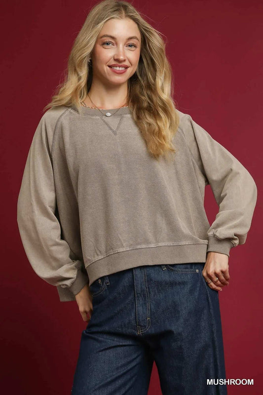 Umgee Mineral Wash French Terry Sweatshirt - Trendsi - Flyclothing LLC