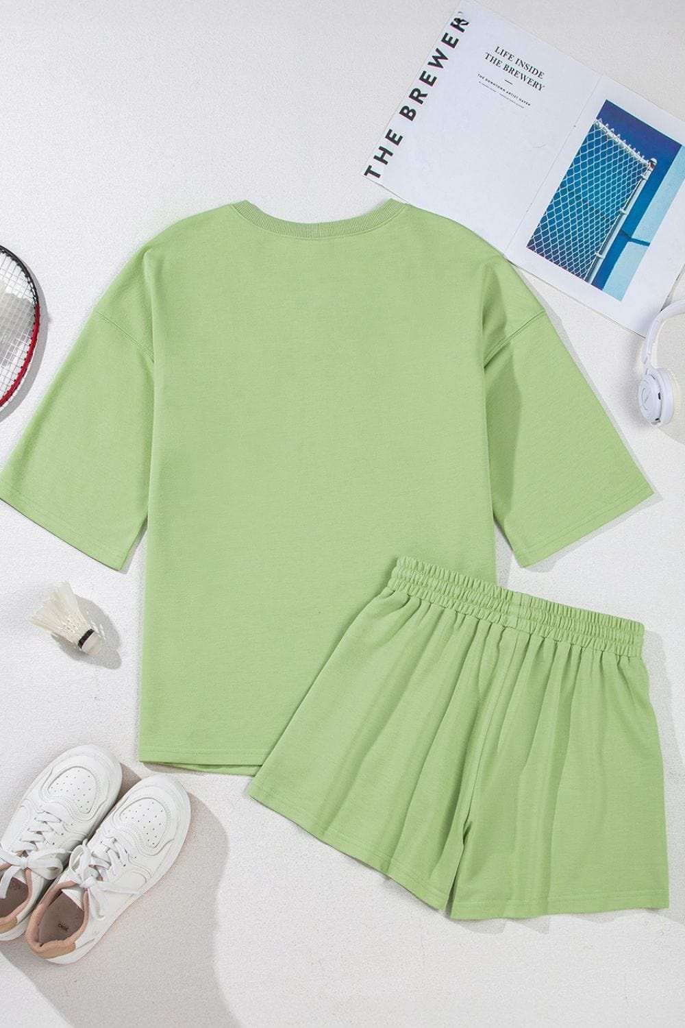 Loose V Neck Half Sleeve Tee and Drawstring Shorts Plus Size - Trendsi - Flyclothing LLC