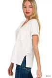 Zenana Slub Rolled Short Sleeve V-Neck Tee - Trendsi - Flyclothing LLC