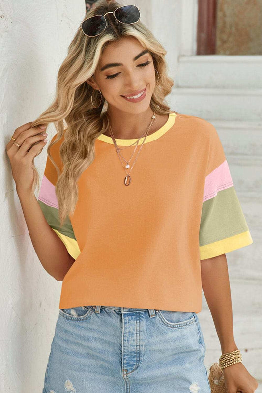 Lovelet Color Block Round Neck Half Sleeve T-Shirt - Trendsi - Flyclothing LLC
