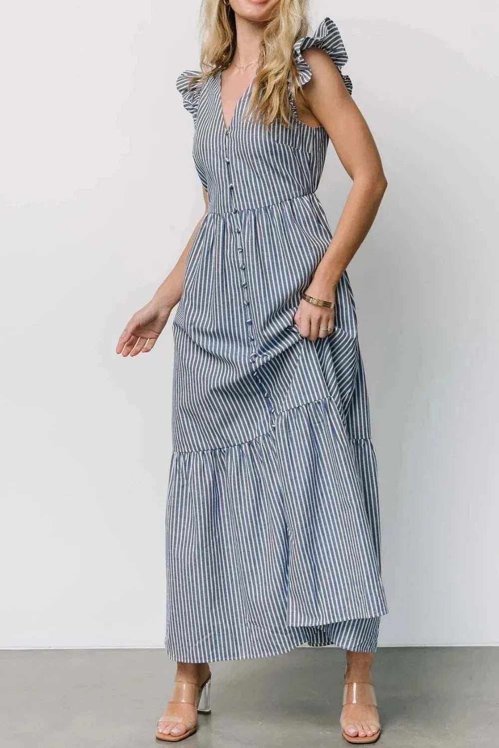 Slit Striped V-Neck Ruffled Cap Sleeve Dress - Trendsi - Flyclothing LLC