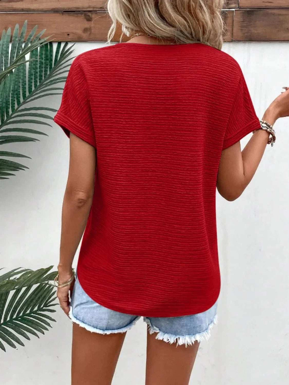 Textured Solid Color Short Sleeve Top - Trendsi - Flyclothing LLC