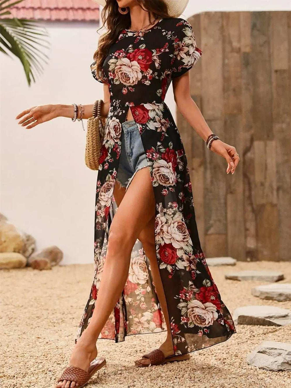 Slit Rose Printed Round Neck Short Sleeve Blouse - Trendsi - Flyclothing LLC