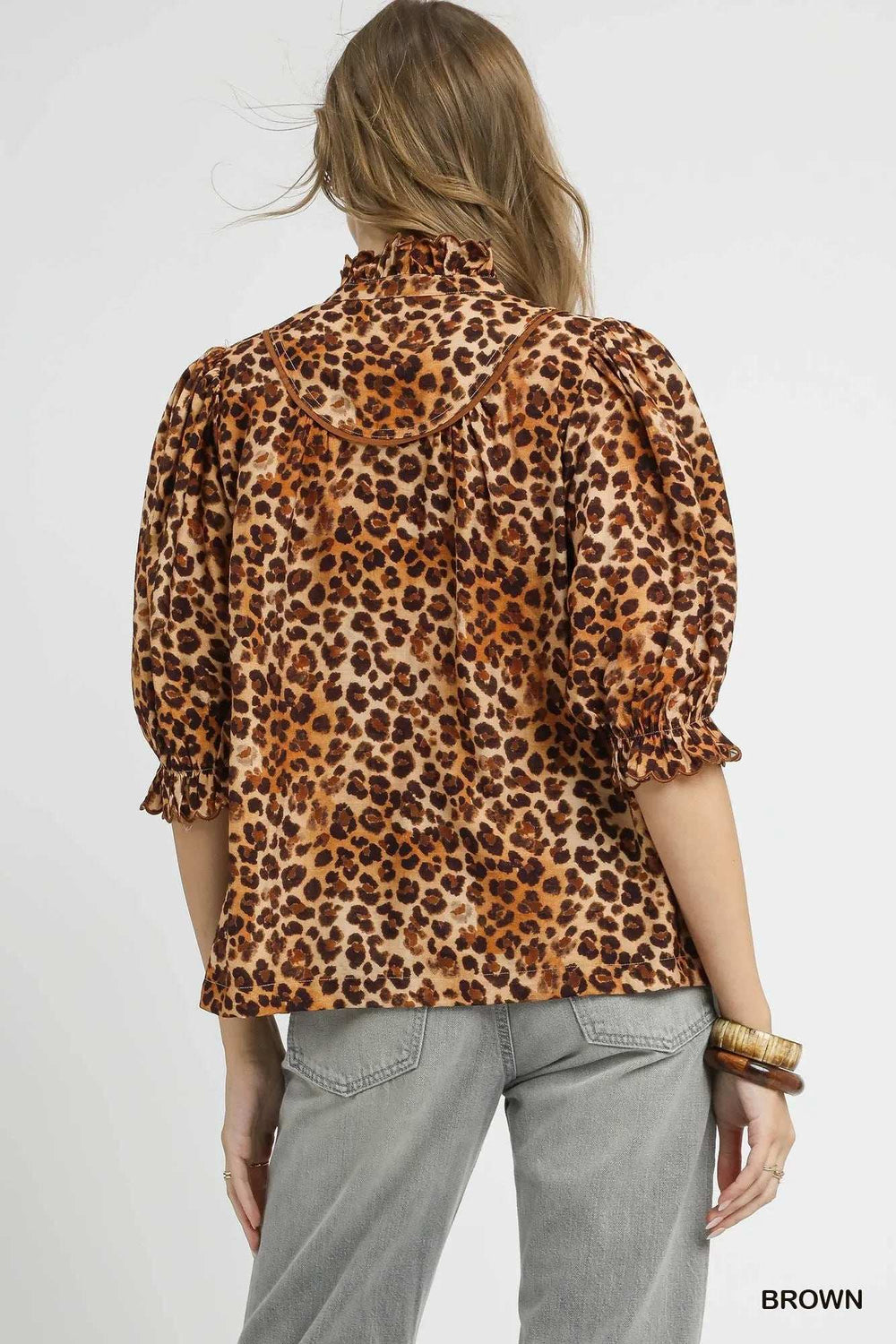 Umgee Full Size Leopard Print Ruffle Neck Blouse Plus Size - Trendsi - Flyclothing LLC