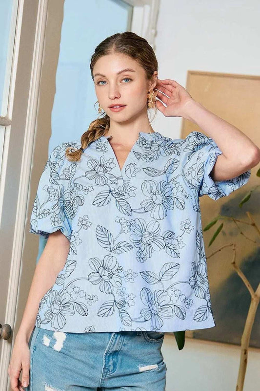 Umgee Floral Print Puff Sleeve Casual Blouse - Trendsi - Flyclothing LLC