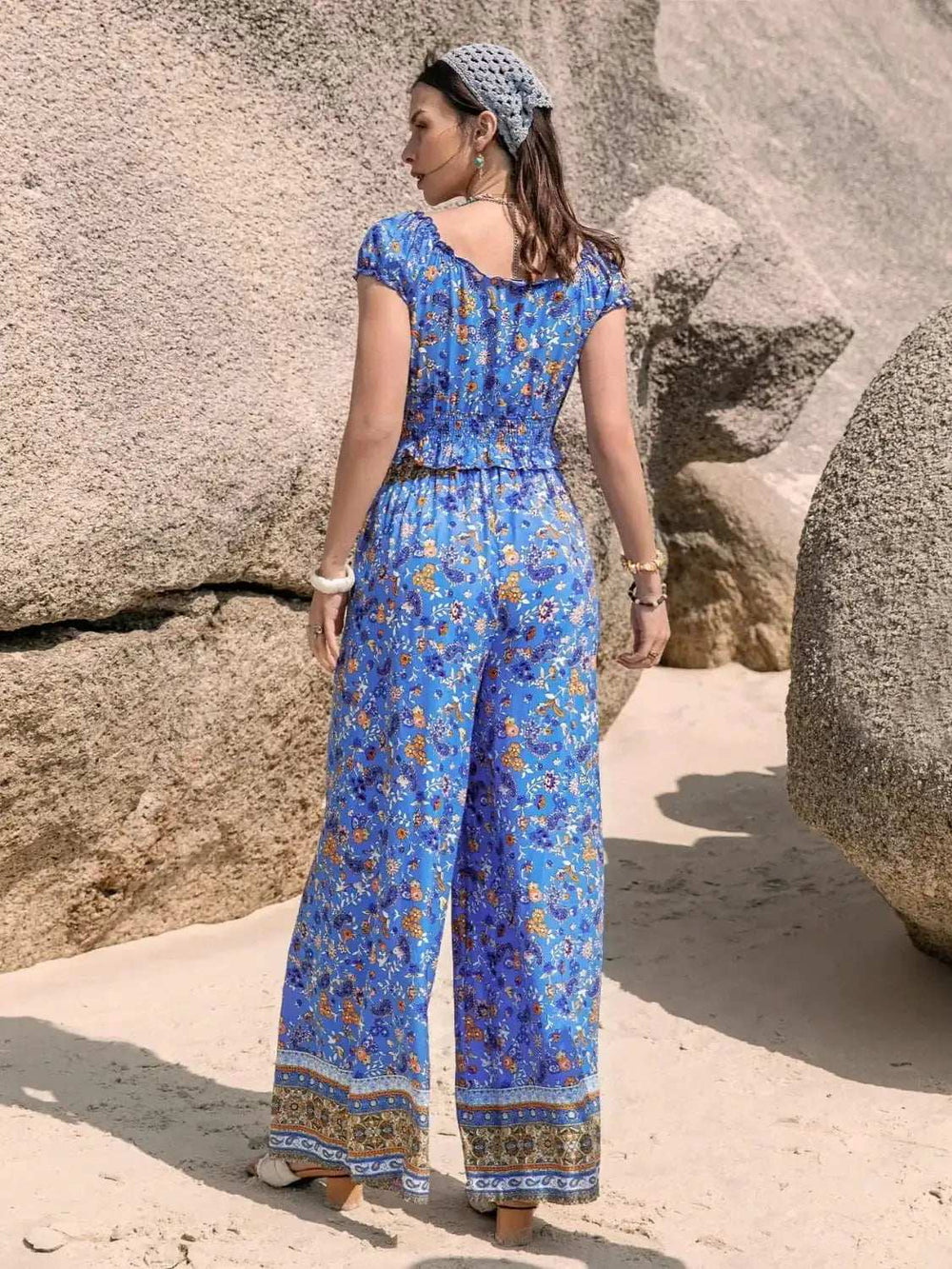 Printed V-Neck Top and Pants Set - Trendsi - Flyclothing LLC