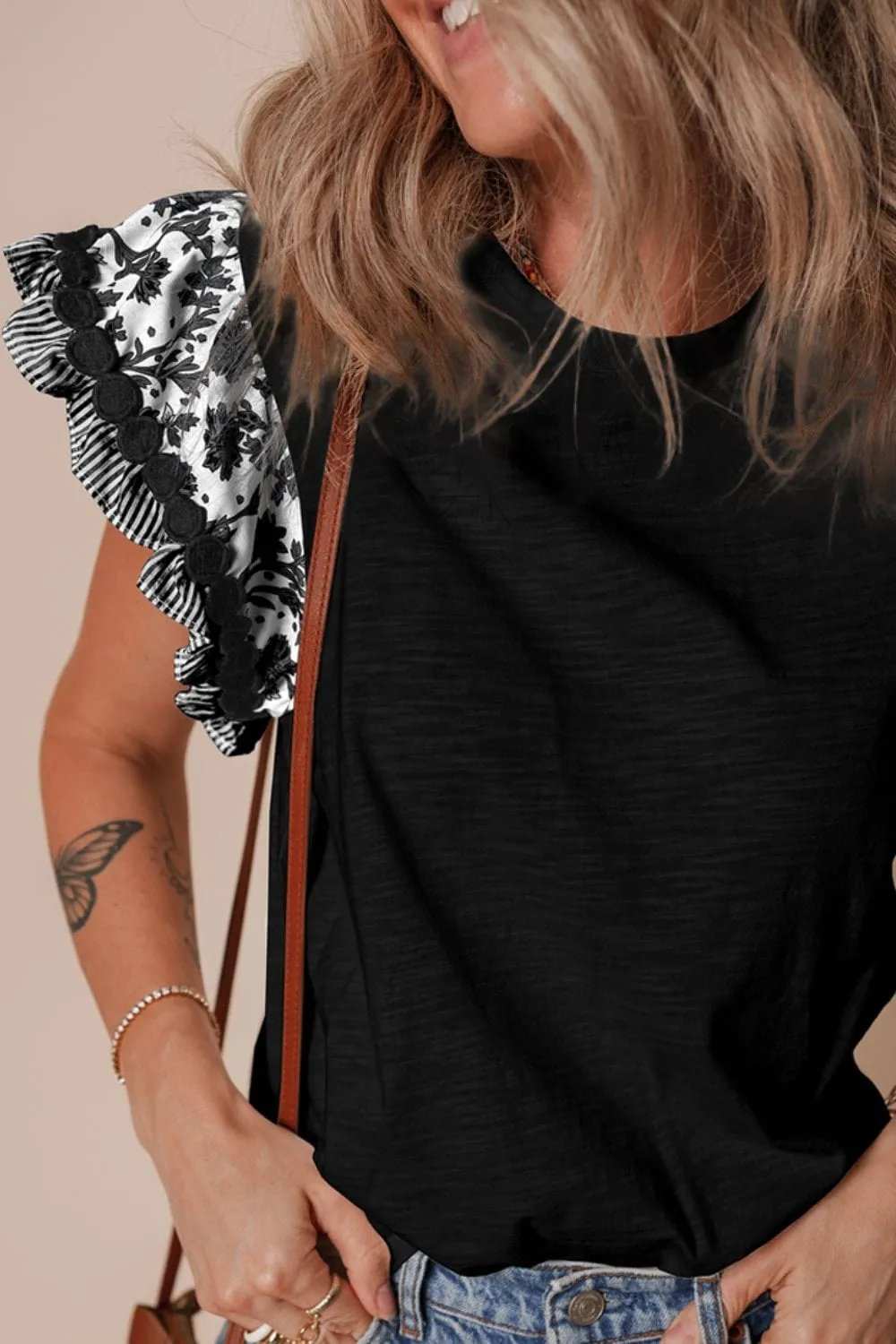 Round Neck Printed Ruffled Cap Sleeve Blouse - Trendsi - Flyclothing LLC