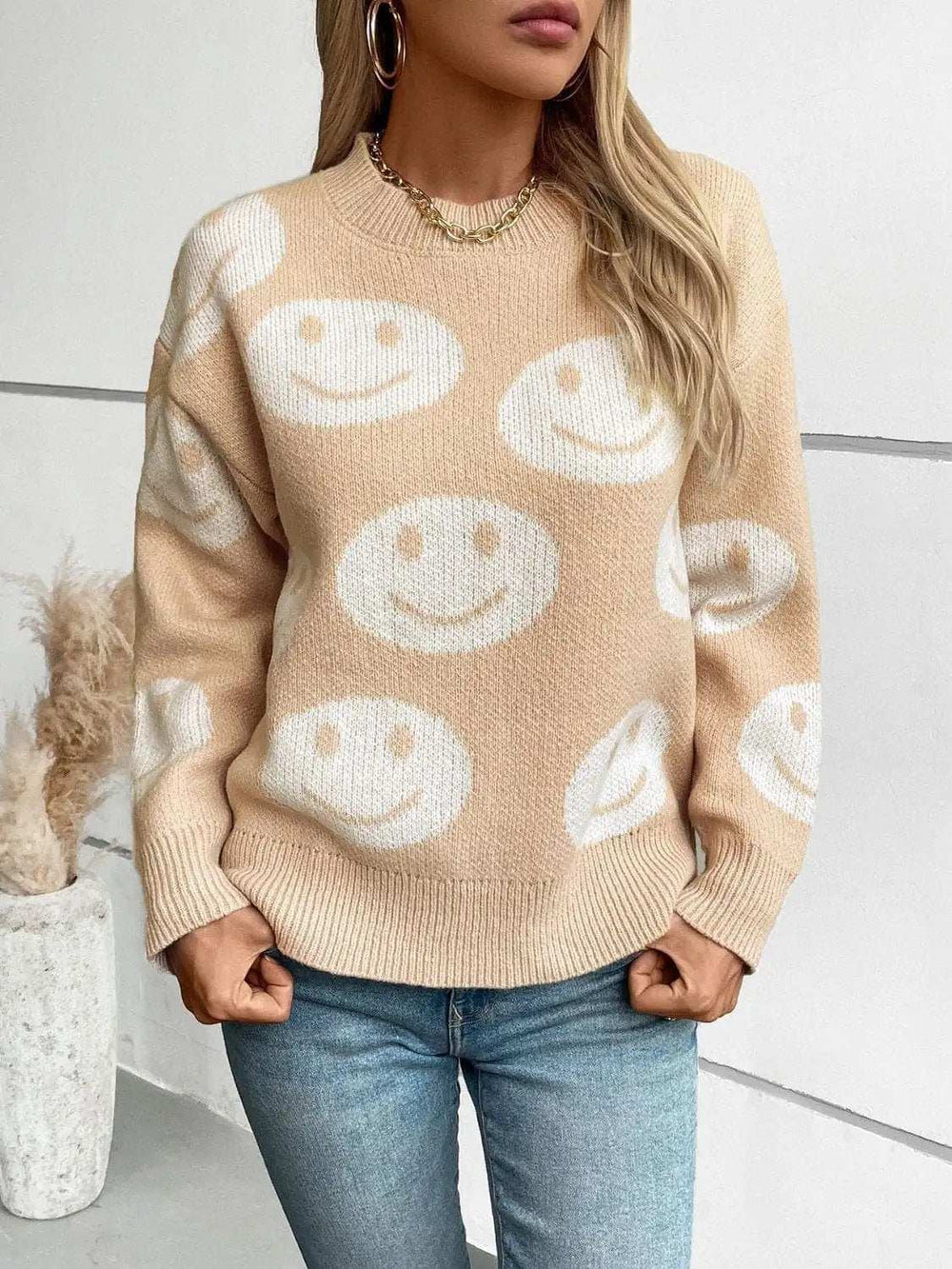Smile Pattern Round Neck Long Sleeve Sweater - Trendsi - Flyclothing LLC