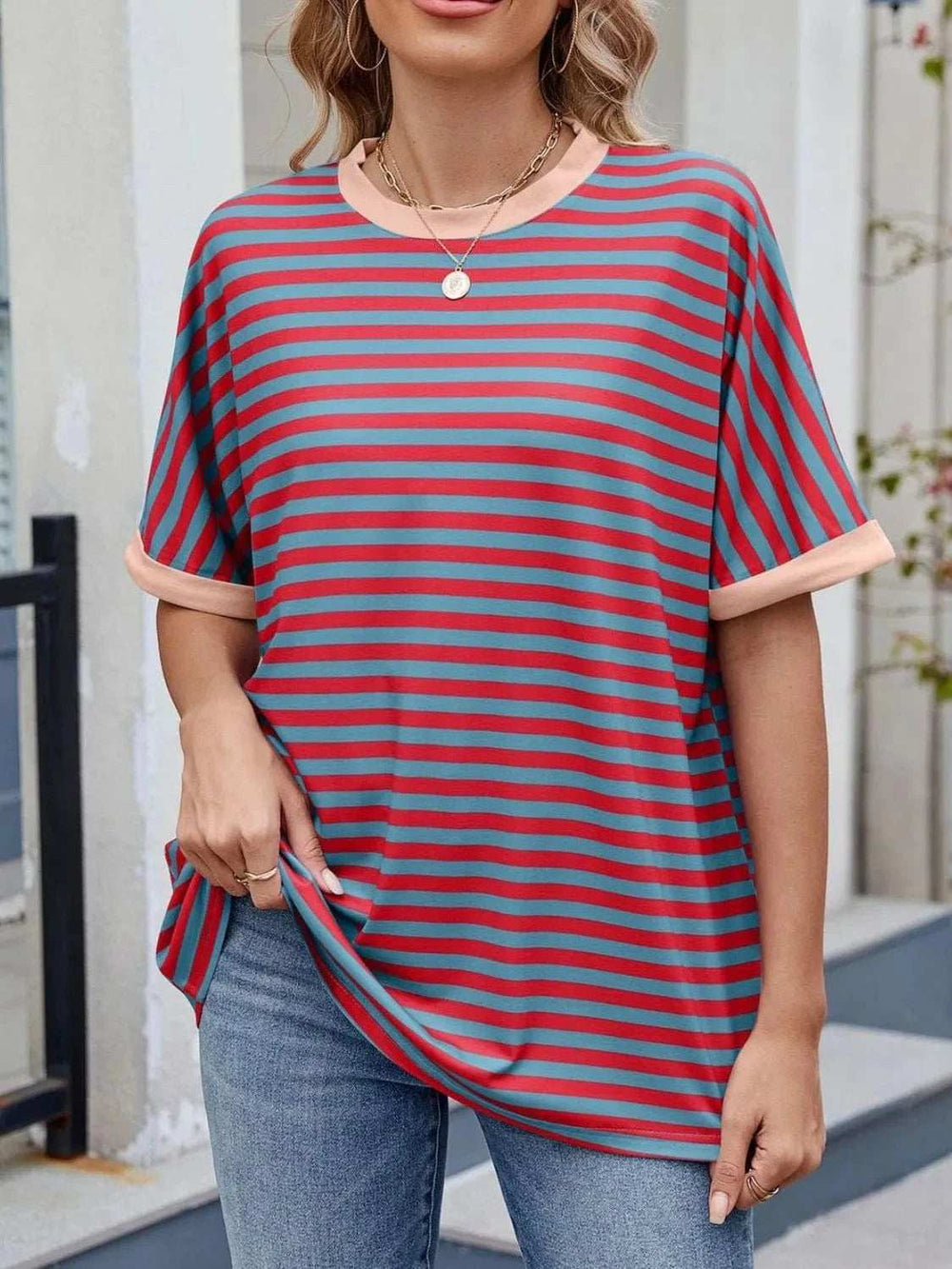 Striped Round Neck Half Sleeve T-Shirt - Trendsi - Flyclothing LLC