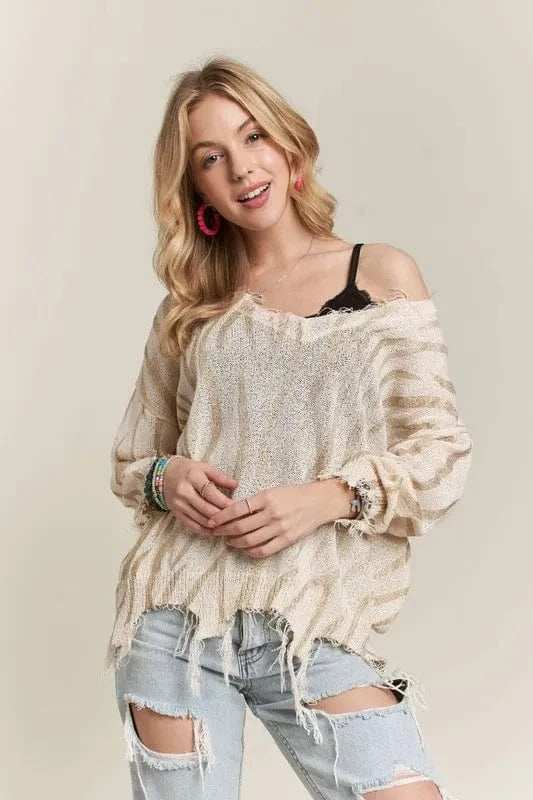 ADORA Frayed Zebra Knit Top - Trendsi - Flyclothing LLC