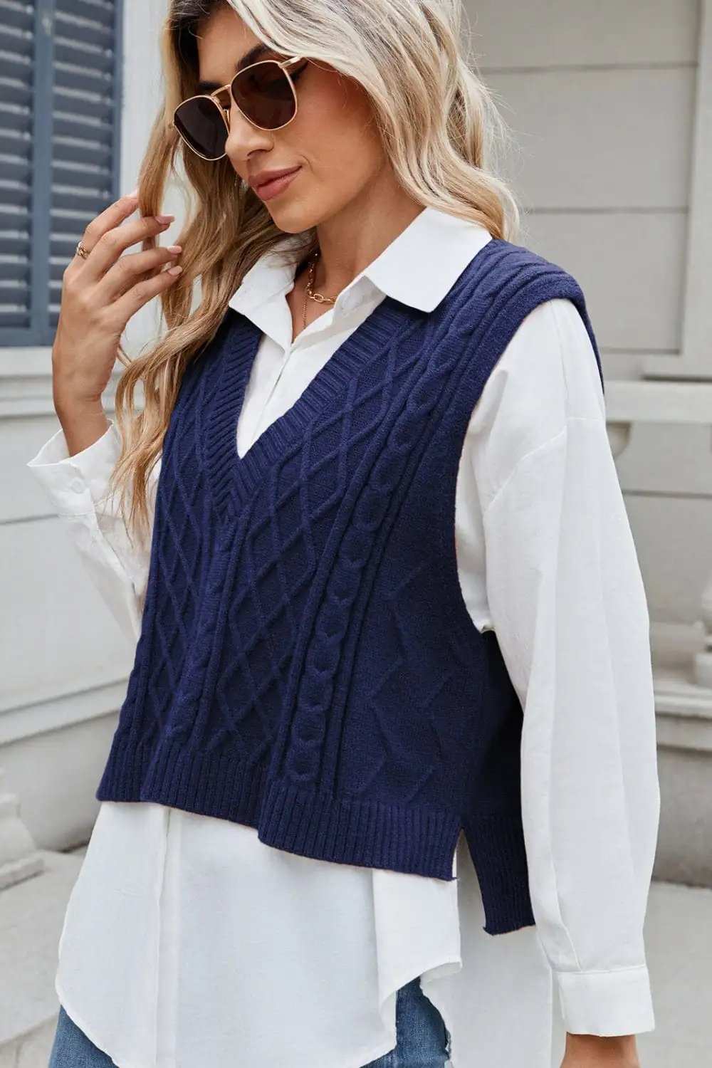 Cable-Knit V-Neck Sweater Vest - Trendsi - Flyclothing LLC