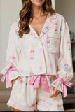 Bow Printed Collared Neck Top and Drawstring Shorts Lounge Set - Trendsi - Flyclothing LLC