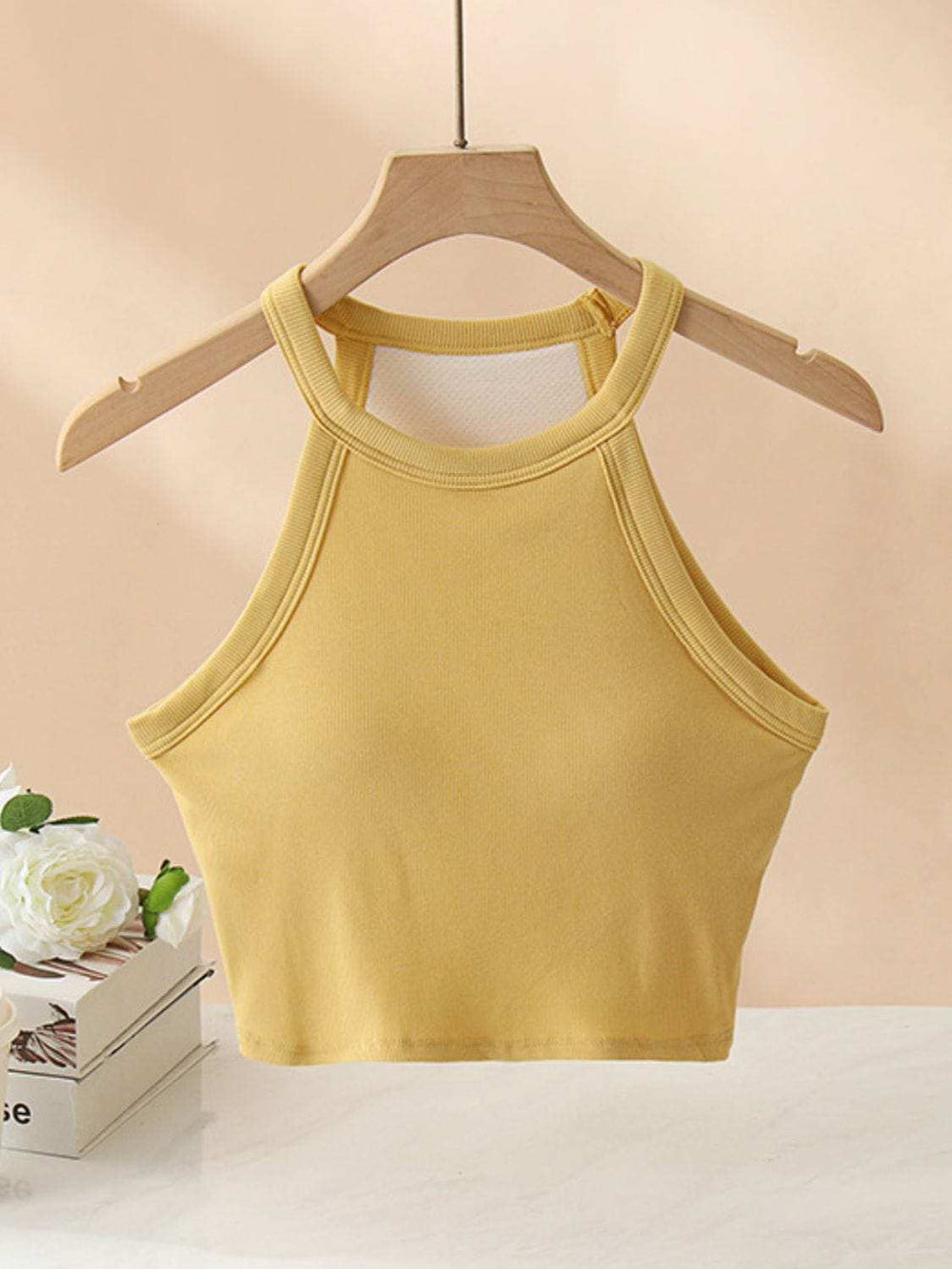 Ribbed Grecian Neck Cropped Tank with Chest Pads - Trendsi - Flyclothing LLC