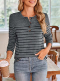 Lovelet Quarter Button Striped Round Neck Long Sleeve T-Shirt - Trendsi - Flyclothing LLC
