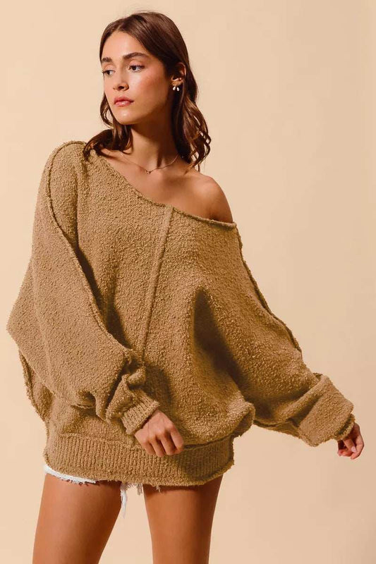 SO ME Loose Fit Exposed Seam Slouchy Boucle Sweater - Trendsi - Flyclothing LLC