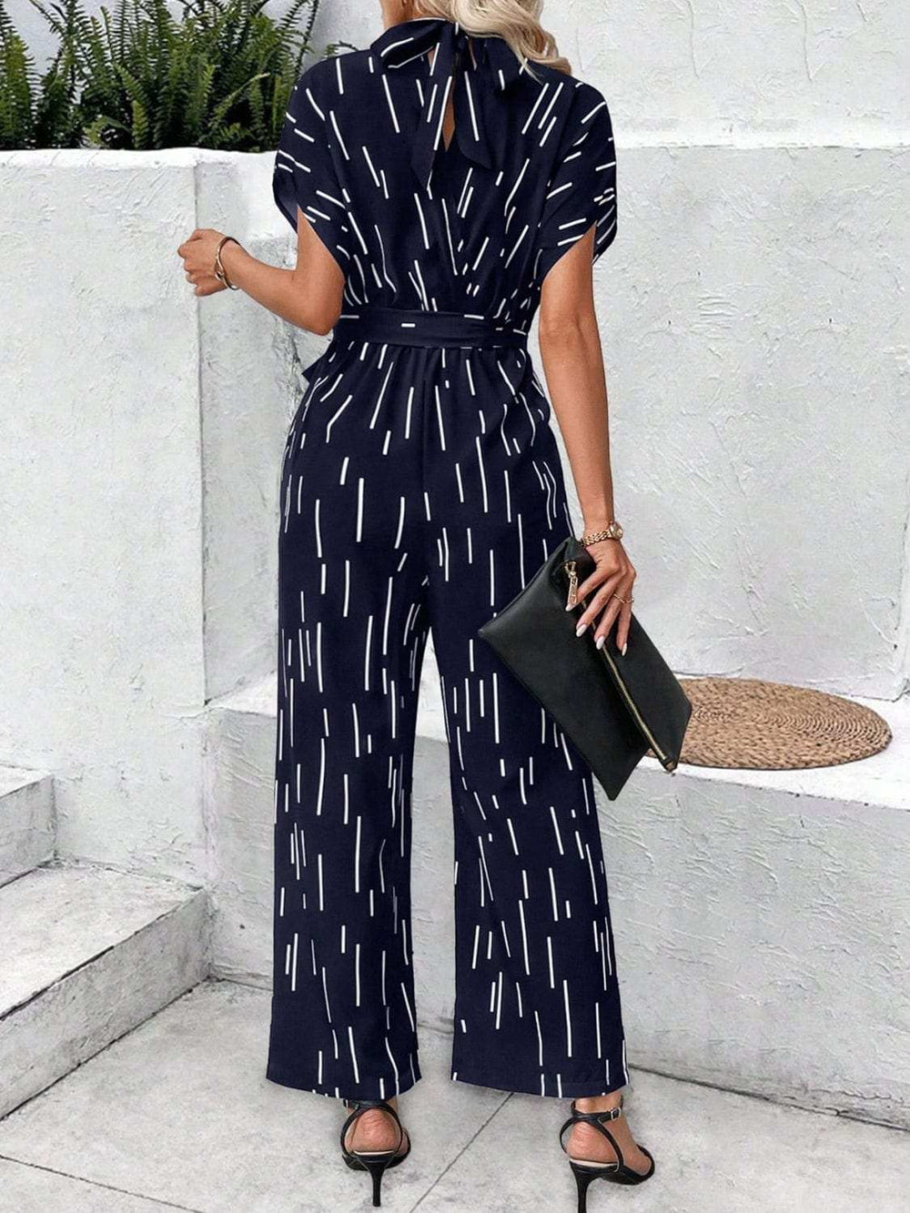 Tied Printed Mock Neck Wide Leg Jumpsuit - Trendsi - Flyclothing LLC