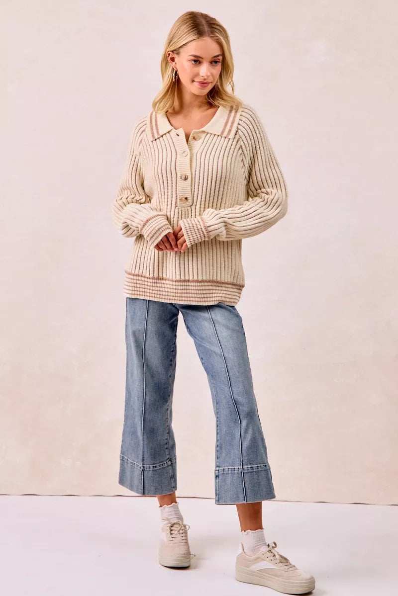BiBi Half Button Ribbed Two Tone Sweater - Trendsi - Flyclothing LLC