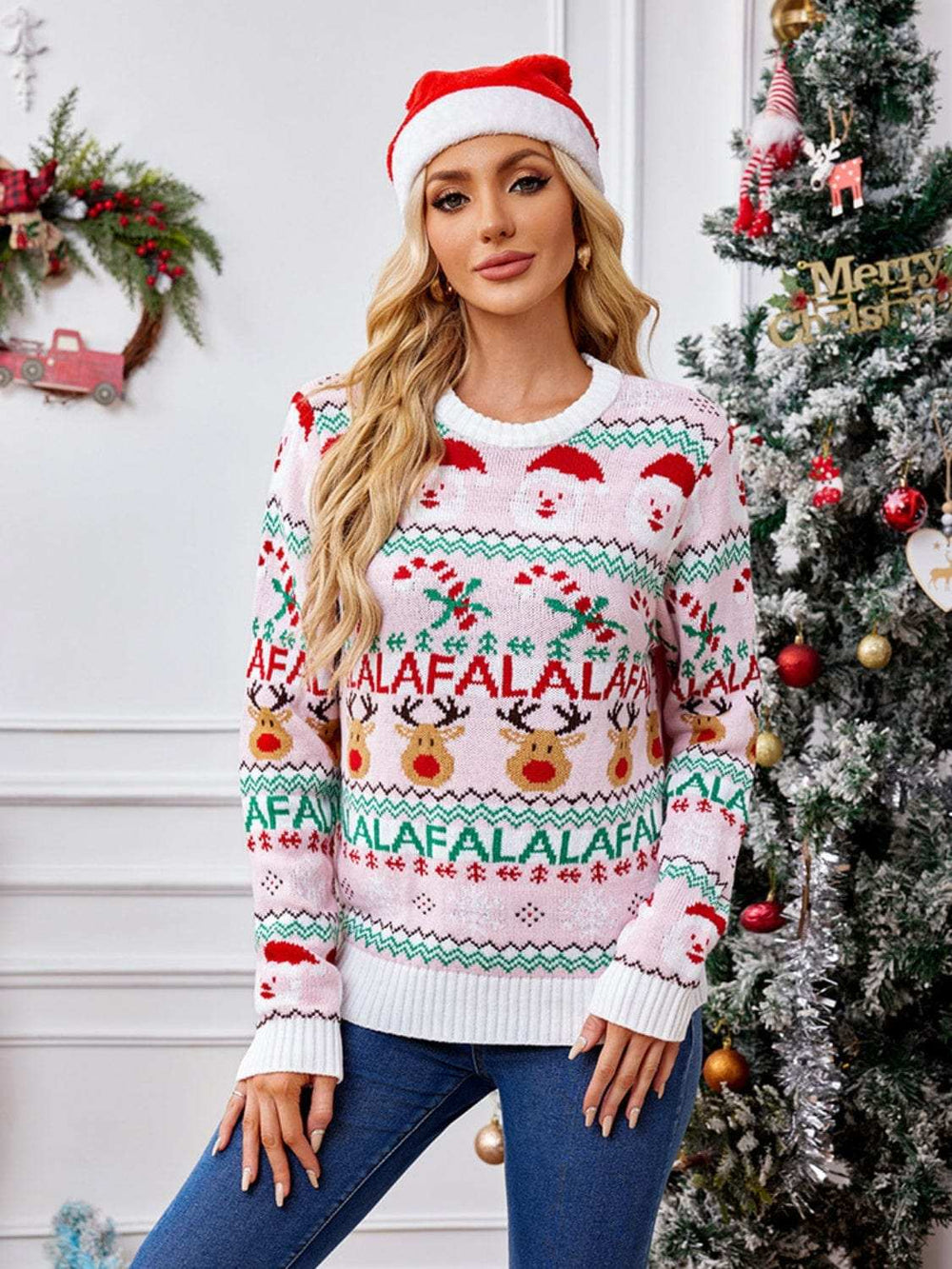 Christmas Element Round Neck Long Sleeve Sweater - Trendsi - Flyclothing LLC