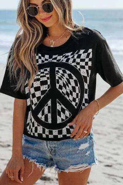 Checkered Peace Sign Round Neck T-Shirt - Trendsi - Flyclothing LLC