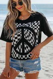 Checkered Peace Sign Round Neck T-Shirt - Trendsi - Flyclothing LLC