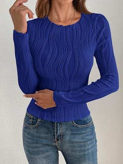 Textured Round Neck Long Sleeve Top - Trendsi - Flyclothing LLC