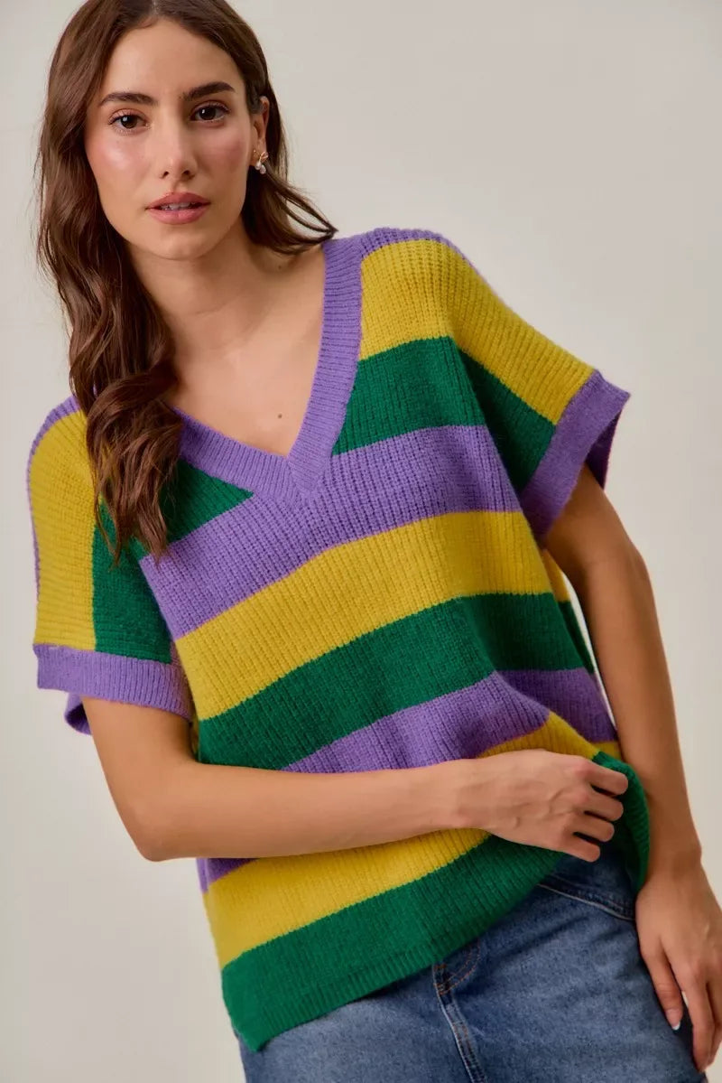 SO ME Mardi Gras Loose Fit V Neck Stripe Sweater Top - Trendsi - Flyclothing LLC