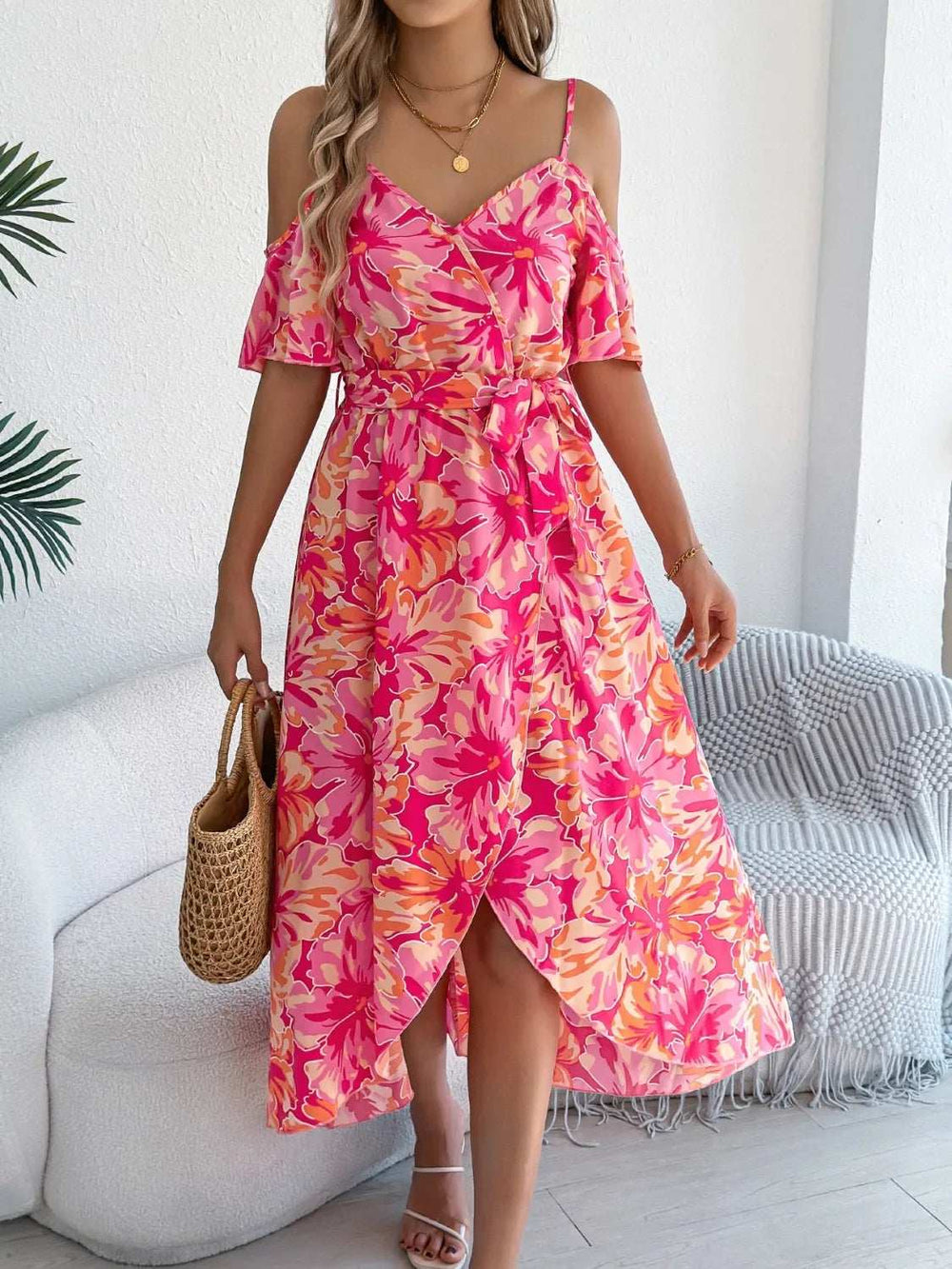 Printed Cold Shoulder Midi Cami Dress - Trendsi - Flyclothing LLC