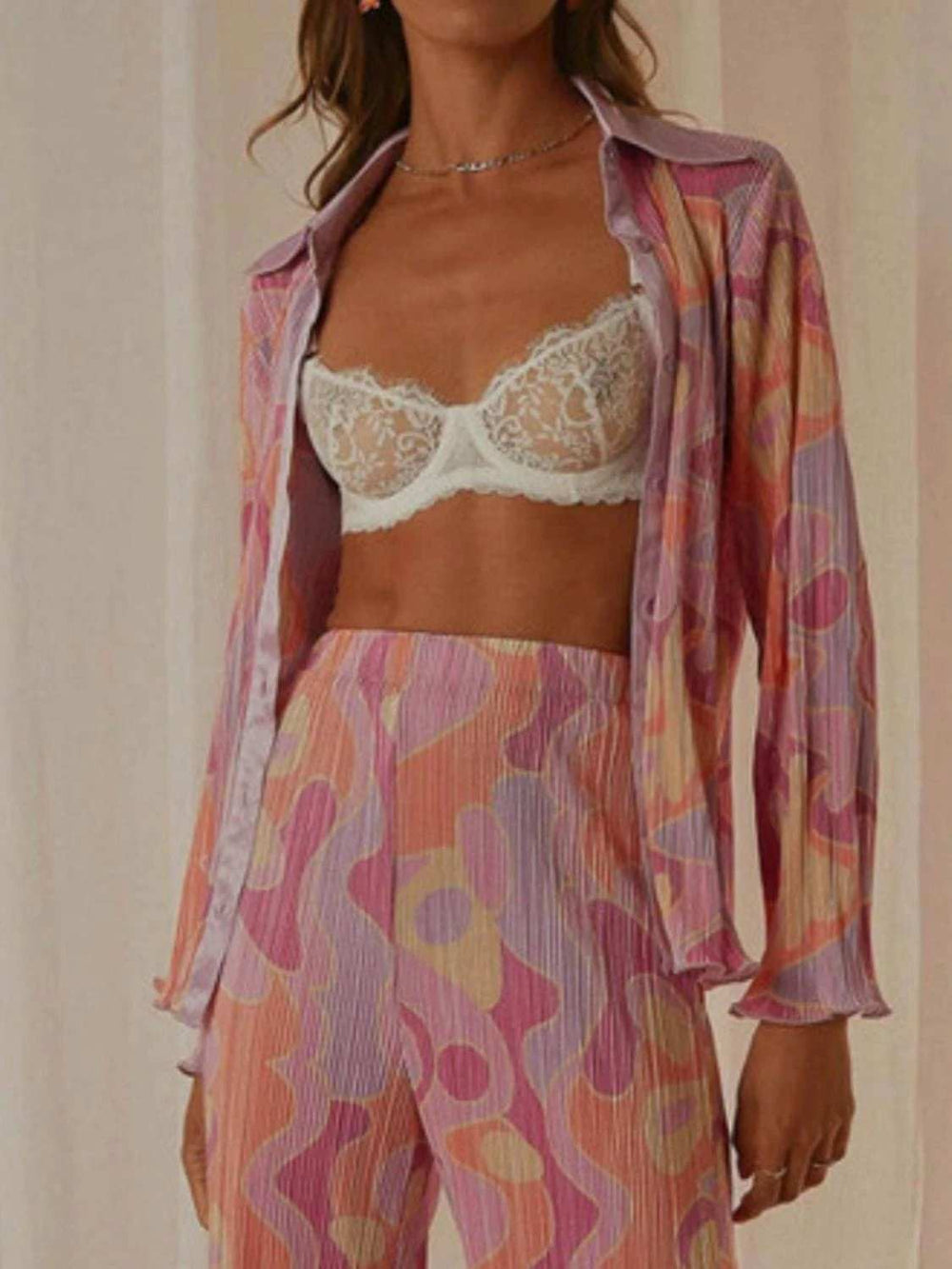 Printed Collared Neck Long Sleeve Top and Pants Lounge Set - Trendsi - Flyclothing LLC