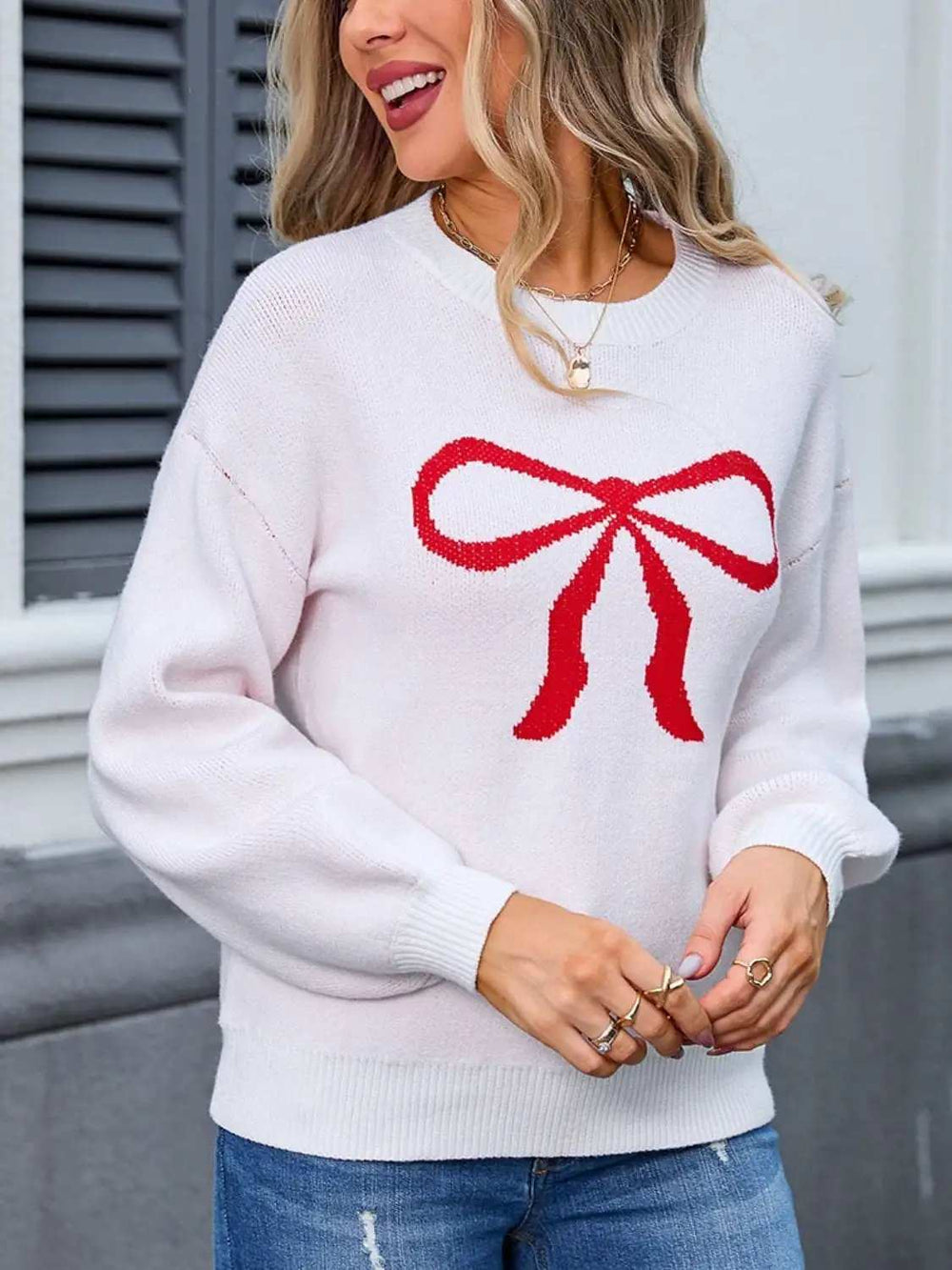 Bow Graphic Round Neck Long Sleeve Sweater - Trendsi - Flyclothing LLC