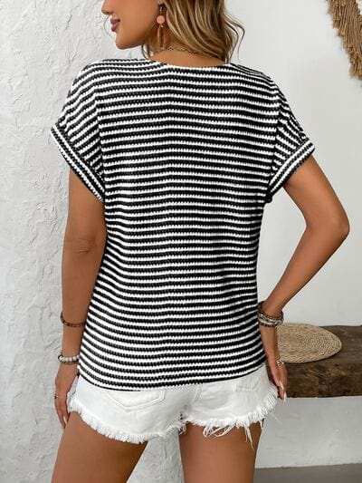 Striped V-Neck Short Sleeve T-Shirt - Trendsi - Flyclothing LLC