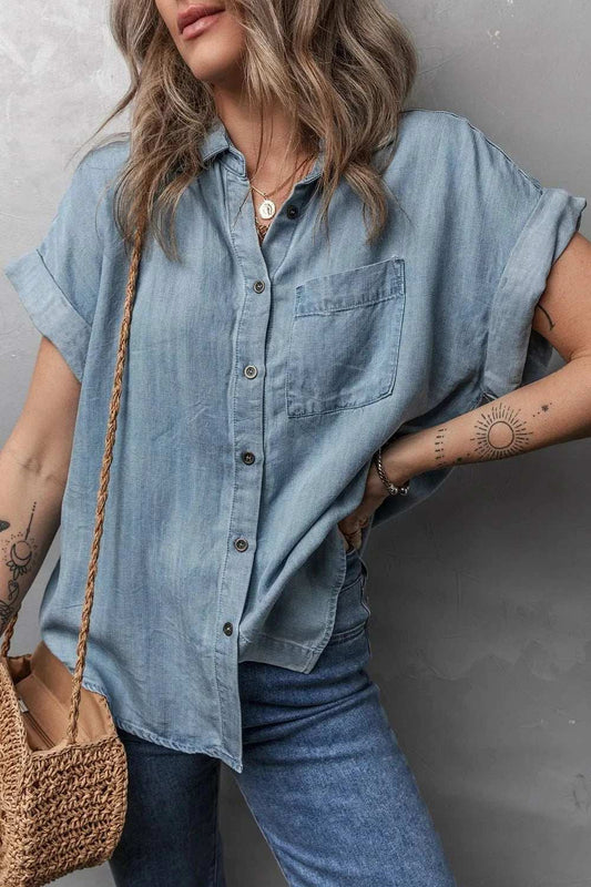Folded Short Sleeve Patched Pocket Denim Shirt - Trendsi - Flyclothing LLC