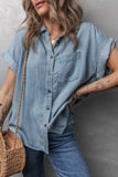 Folded Short Sleeve Patched Pocket Denim Shirt - Trendsi - Flyclothing LLC