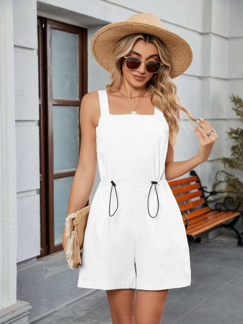 Drawstring Wide Strap Romper with Pockets - Trendsi - Flyclothing LLC