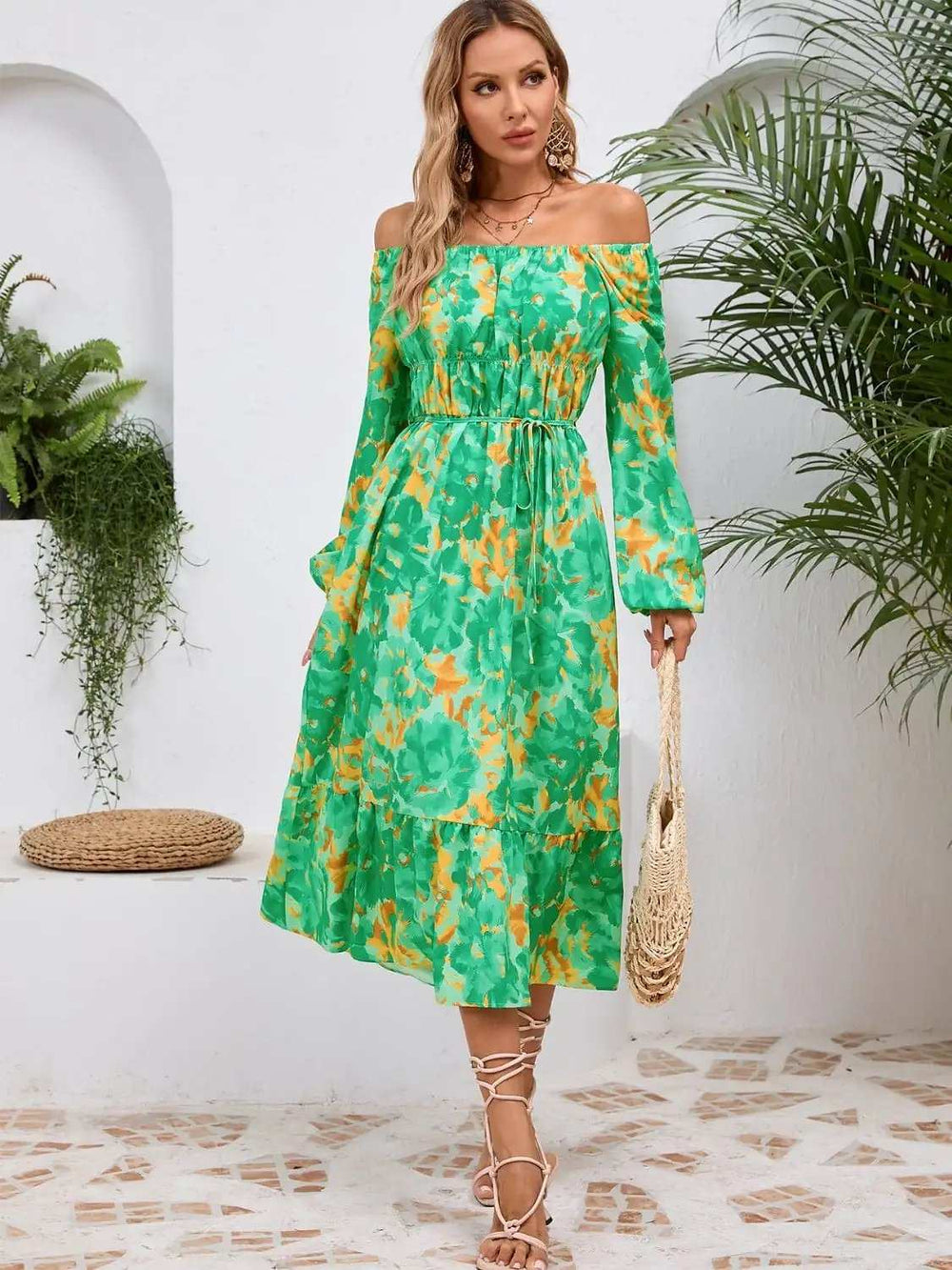 Printed Long Sleeve Midi Dress - Trendsi - Flyclothing LLC