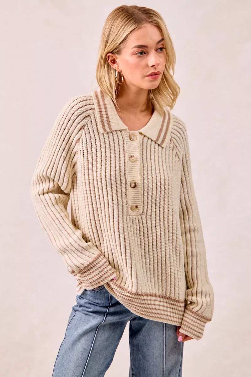 BiBi Half Button Ribbed Two Tone Sweater - Trendsi - Flyclothing LLC