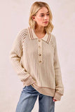 BiBi Half Button Ribbed Two Tone Sweater - Trendsi - Flyclothing LLC