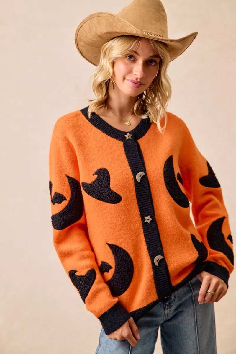 BiBi Halloween Witch Hat Moon Bat Artwork Cardigan - Trendsi - Flyclothing LLC