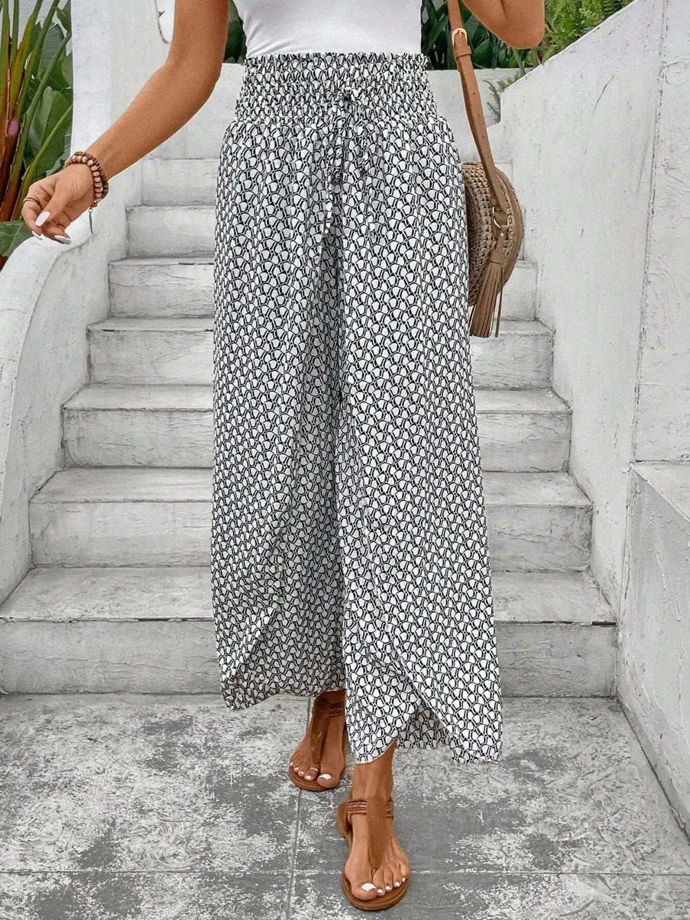 Tied Printed Wide Leg Pants - Trendsi - Flyclothing LLC