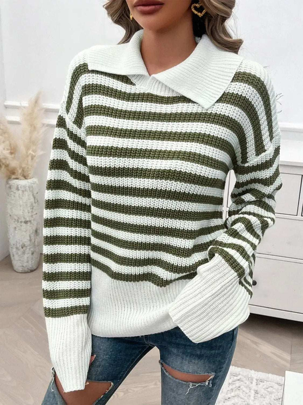 Striped Collared Neck Long Sleeve Sweater - Trendsi - Flyclothing LLC