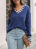 Striped Trim Drop Shoulder Sweater - Trendsi - Flyclothing LLC