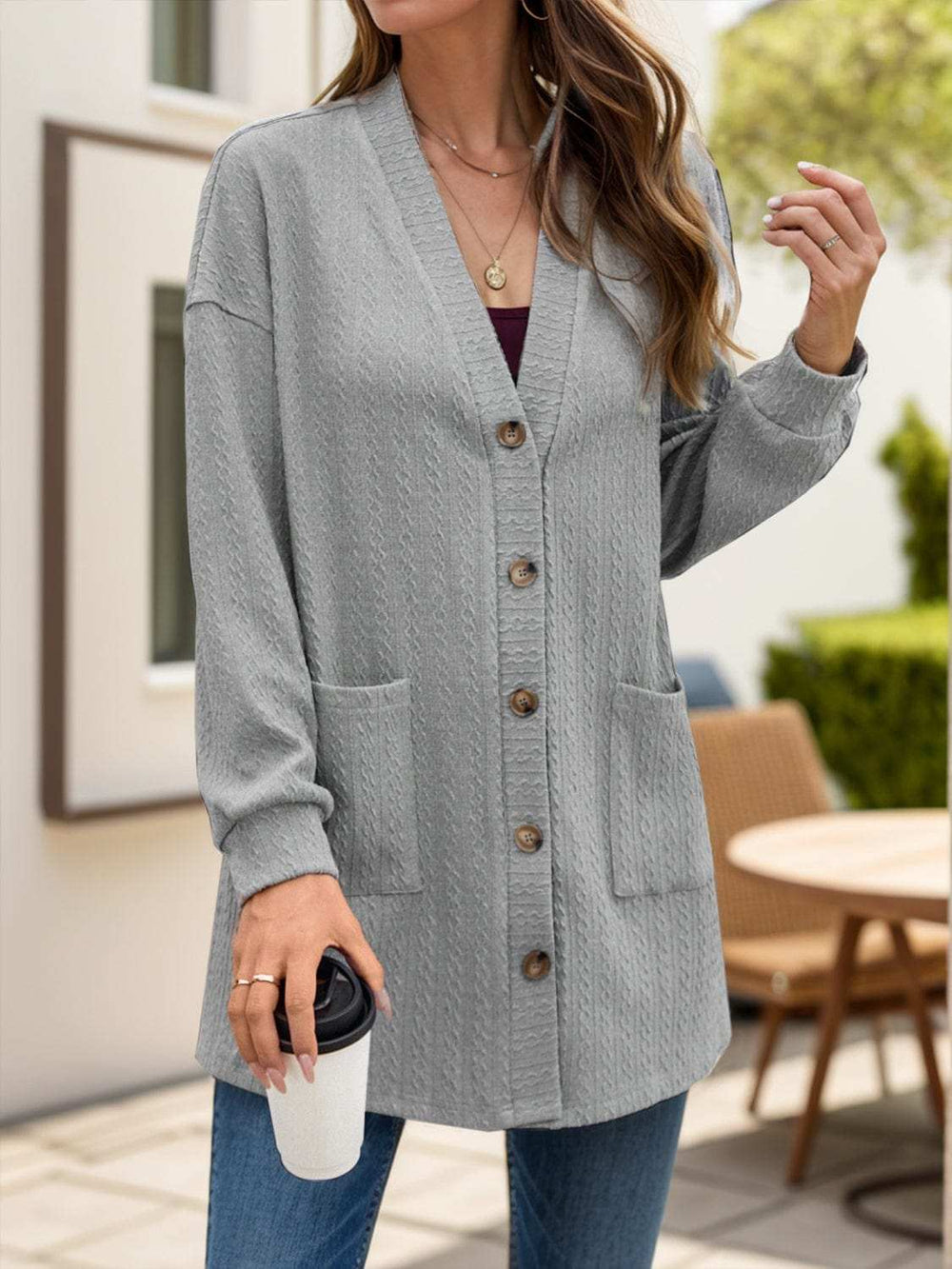 Textured Button Down V-Neck Long Sleeve Cardigan - Trendsi - Flyclothing LLC