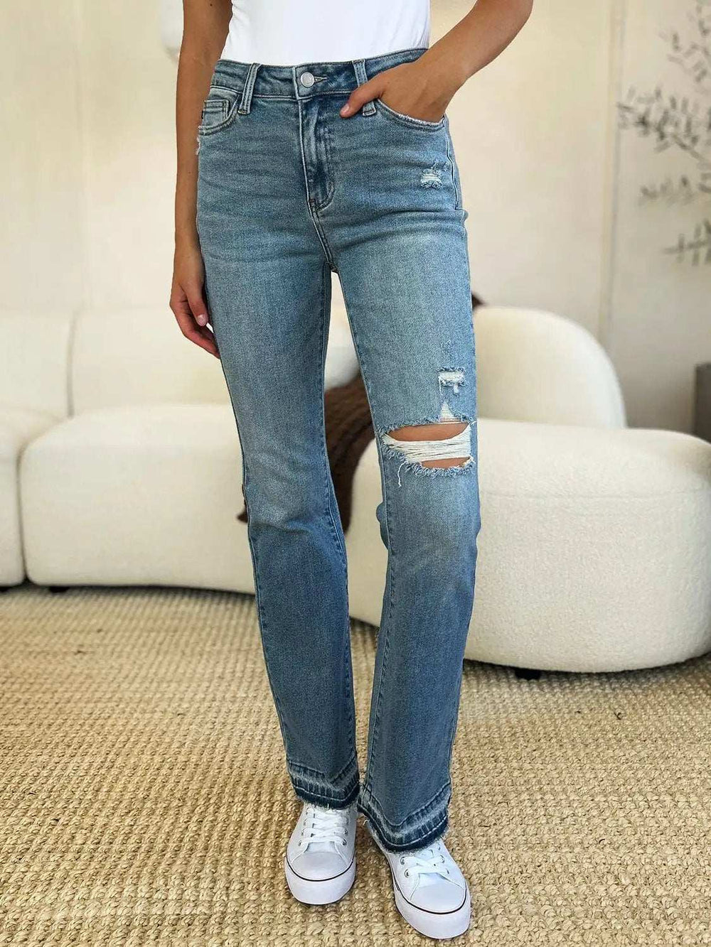 Judy Blue Full Size Mid Rise Destroyed Hem Distressed Jeans - Trendsi - Flyclothing LLC