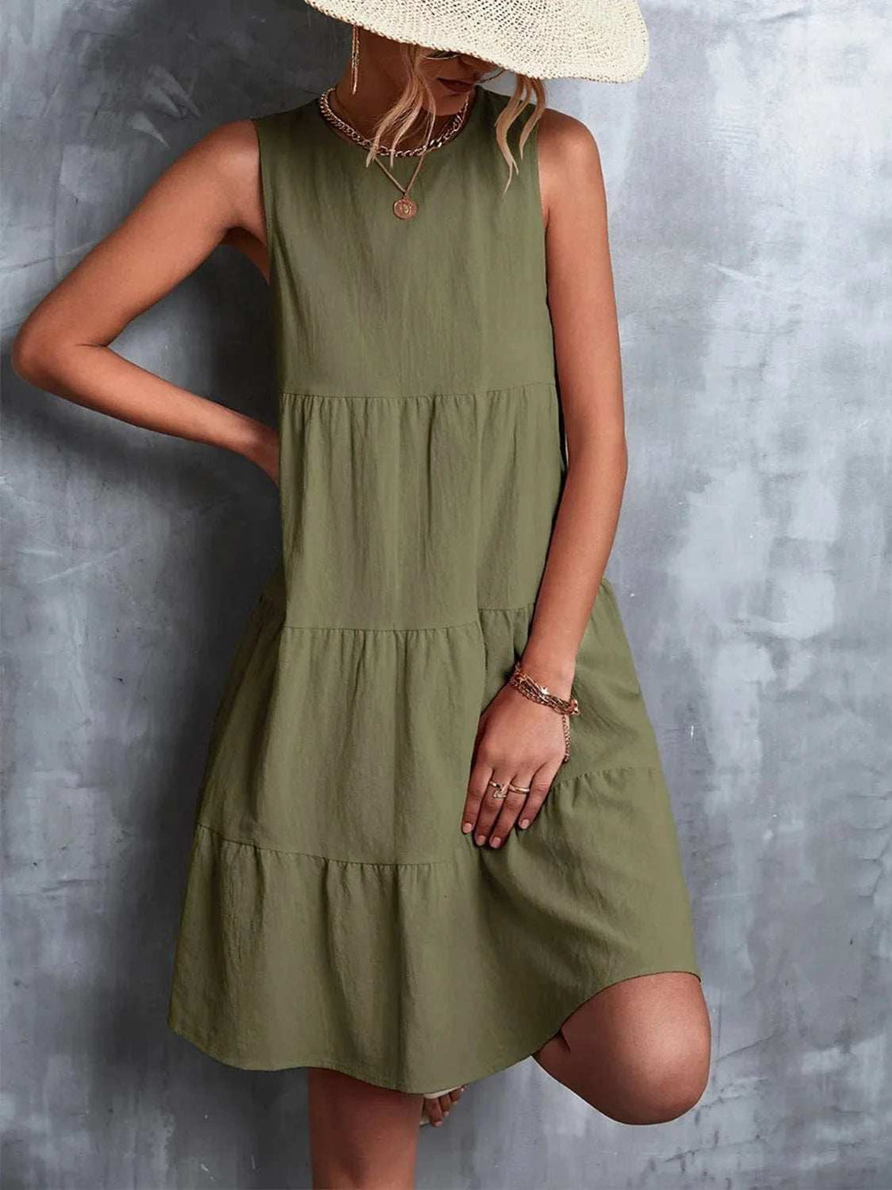 Tiered Round Neck Sleeveless Mini Tank Dress - Trendsi - Flyclothing LLC