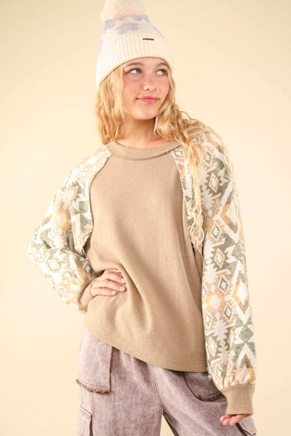 VERY J Printed Long Sleeve Round Neck Knit Top - Trendsi - Flyclothing LLC