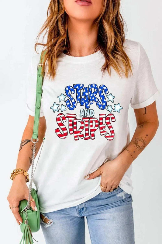 Stars and Stripes Round Neck Short Sleeve T Shirt - Trendsi - Flyclothing LLC