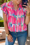 Ruffled Printed Notched Cap Sleeve Blouse - Trendsi - Flyclothing LLC